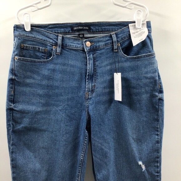 Calvin Klein Womn 14/32 Blue Medium Denim Distressed High Rise Straight Jean Nwt - Picture 5 of 12